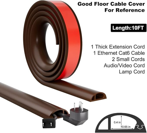 10FT Side-Open Extension Cord Covers for Wires on Floor,Silicone Power Cable Protector Cord Hider Management Strip,Hide Electric Wire on Carpet,Chord Runner Protective Safety Wiremold,Brown