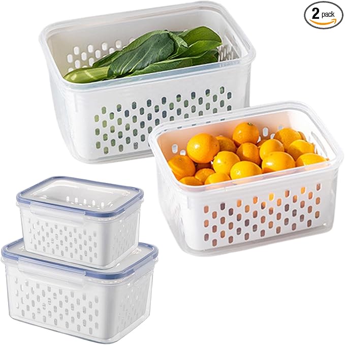 iayokocc 2 Pack Fruit Storage Containers for Fridge, Stackable Food Storage Containers with Removable Colander, Refrigerator Organizer with Drain Baskets Lids- Keeping Food Fresh Longer