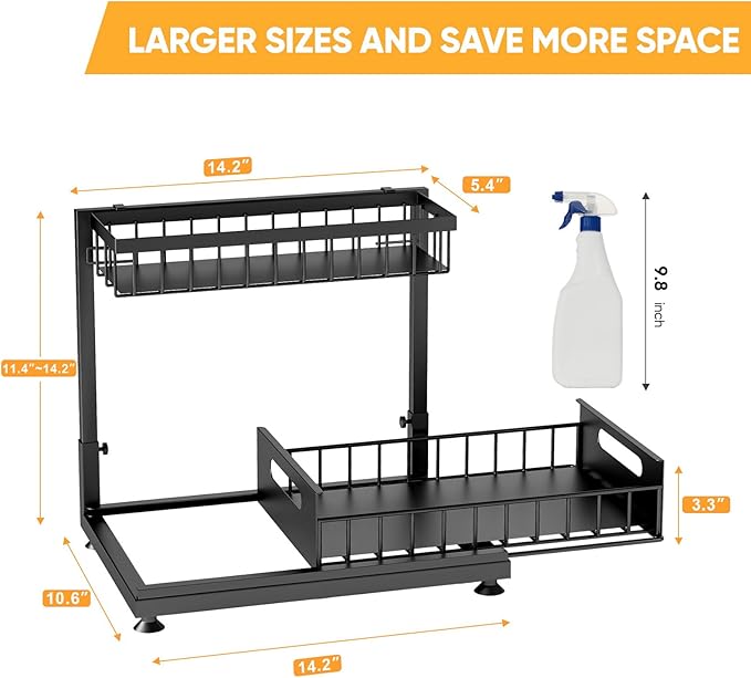 2 Pack Under Sink Organizer Storage 2-Tier Premium Metal Pull-Out Racks, Height Adjustable, Easy Installation | Kitchen & Bathroom Organizers