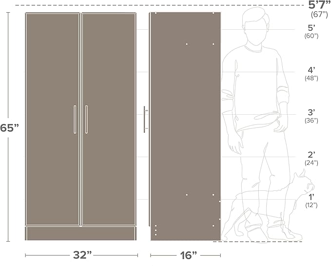 Prepac Elite Tall Garage Storage Cabinet & Pantry Storage Cupboard, 2-Door Freestanding Bathroom or Pantry Cabinet with Adjustable Shelves, 16" D x 32" W x 65" H, Oak