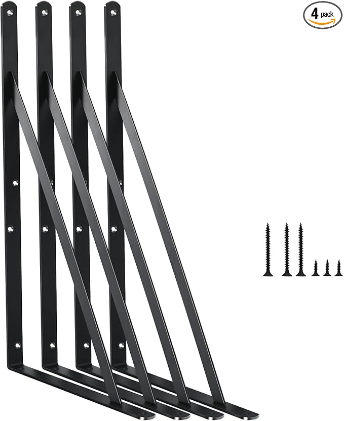 4 Pack L14 x H 10" Black Heavy Duty Shelf Brackets with Screws Metal Shelf Brackets Shelf Support Angle Brackets for Shelves L Brackets Heavy Duty Floating Shelf