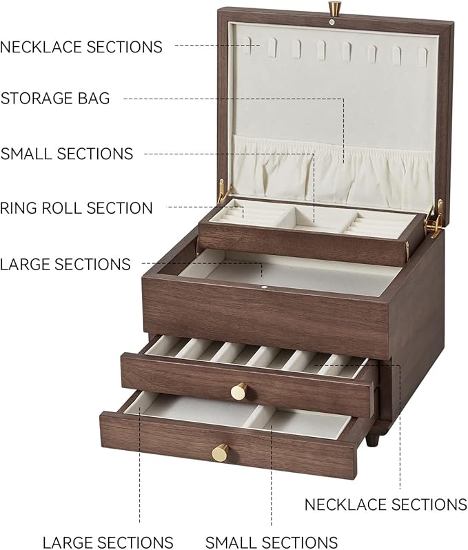 Wooden Jewelry Box, 3 Layer Large Jewelry Organizer for Women, Jewelry Storage, for Necklaces Rings Earring Watches Bracelets, Black Walnut Wood, Christmas Gifts