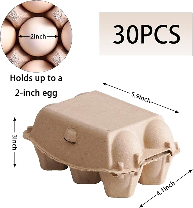 30 Pack Half Dozen Egg Cartons, Blank Natural Pulp Egg Carton Bulk 6 Count for Chicken Eggs or Duck Eggs, Reusable, Protects, Egg Storage Containers for Home Kitchen and Farmhouse (30 PCS 6 Count)