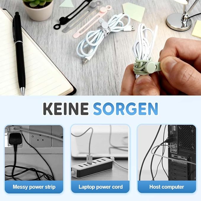 Data Cable Organizer,Multicolor Silicone Cable Ties,Reusable Cable Management Organizers,Multipurpose Elastic Cord Organizer For Bundling Earphone/Phone Charger/Computer Cords (10PCS)