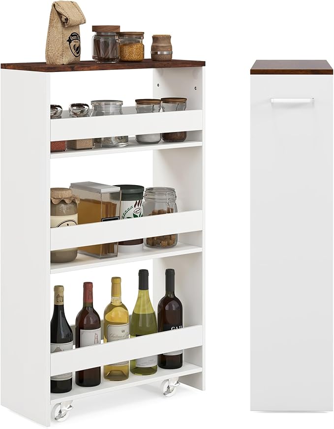LOKO 4-Tier Rolling Storage Cart, 8 Inches Slim Kitchen Cart on Wheels with Open Shelves & Handle, Laundry Room Cart Between Washer and Dryer, for Bathroom Next to Fridge (White & Rustic Brown)