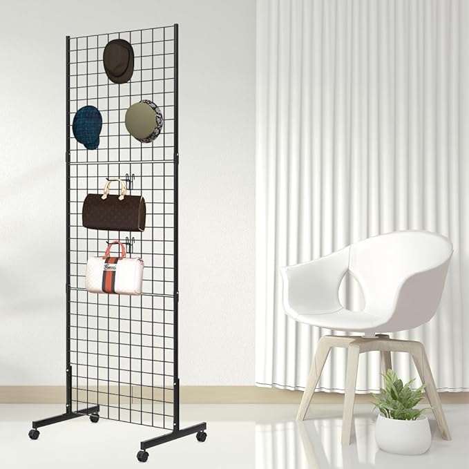 Eastern Tree 1 Pack 2'x 5' Three Pieces Gridwall Panels Stand with T-Base, Black Wire Grid Wall Rack with Wheels, Craft Display Rack, Retail Display Stand, Extra More 8 Pieces Hooks