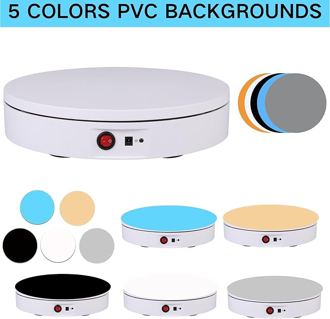 JAYEGT Motorized Rotating Display Stand，180Lbs Load，360 Degree Electric Rotating Turntable for Photography Products Display，Live Show,Remote Control +5 Colors Backgrounds(White / 8.66inch / Rechargeable)
