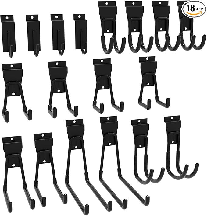 18-Pack Heavy-Duty Slatwall Hooks in Black, Firmly and Durable Garage Wall Organizer for Tools, Garden Equipment & Utility Storage, Garage Hooks for Hanging