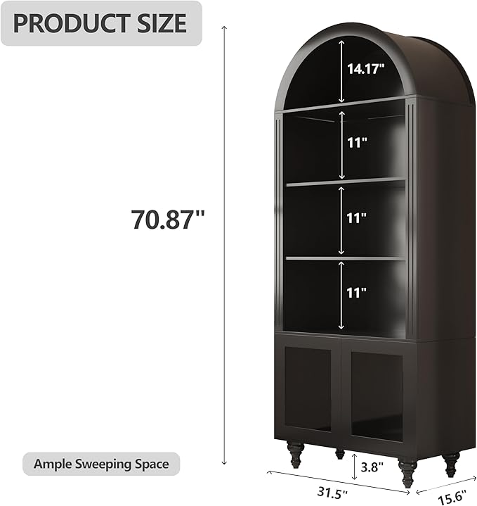 Wooden Arched Bookshelf,5-Tier Shelf,Farmhouse Storage Display Cabinet Etagere Bookcase, Large Bookshelf,Tall Open Storage Cabinet for Home Office Living Room&Kitchen(Black-Arched top)