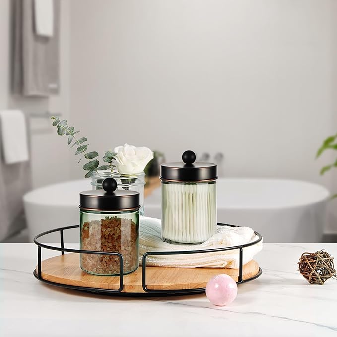 Amolliar Sage Green Qtip Holder, Glass Apothecary Jar Metal Lid & Stickers, Bathroom Qtip Holder Storage Canister, Farmhouse Decor for Cotton Balls, Swabs, Makeup Pads, Bath Salt, Floss, ORB 4 Pack