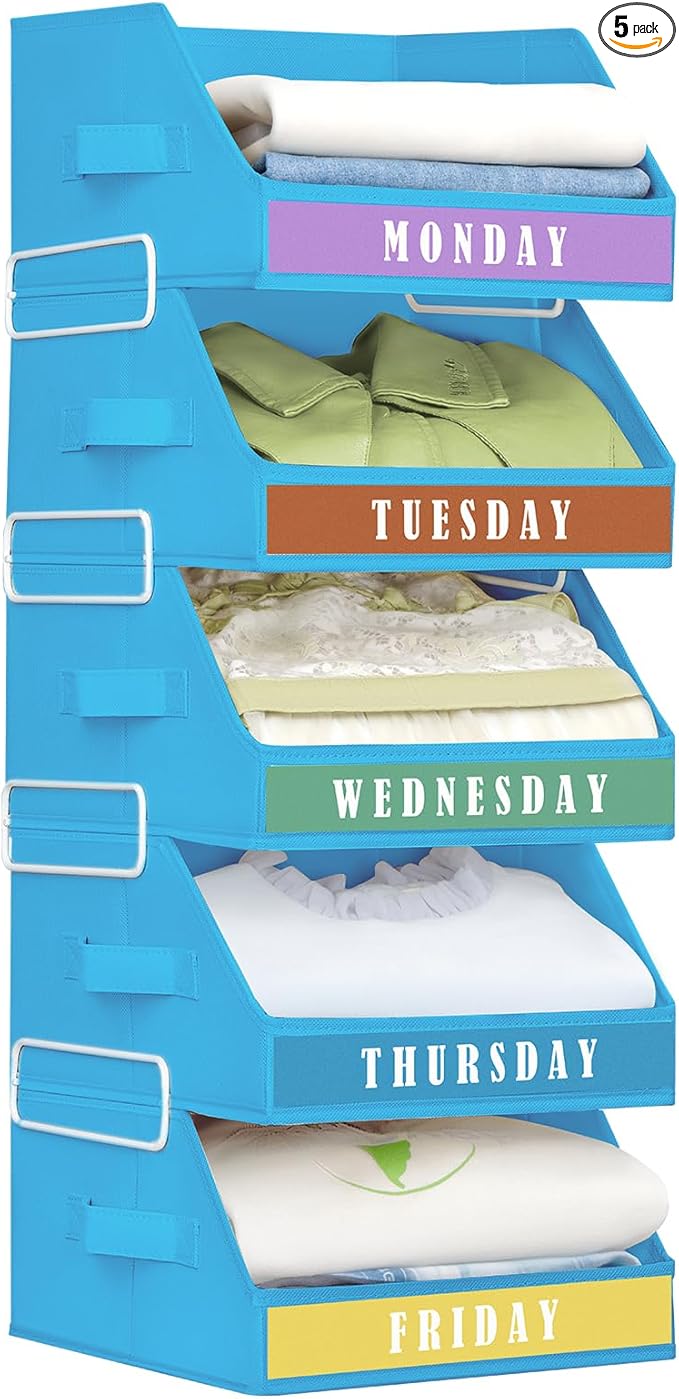 Closet Organizers and Storage - 5 Tier Shelf Organizer with Weekly Labels, Stackable Storage Bins with Metal Frame, Foldable Cube Bins, Home Baskets for Kids and Adults, Blue