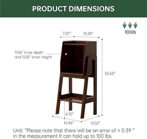 100% Solid Oak Ladder Shelf with Cabinet, 32.67" Tall Nightstand with Stable Frame for Bedroom, Small Bookcase for Living Room Nursery(Walnut, Fully Assembly Furniture)