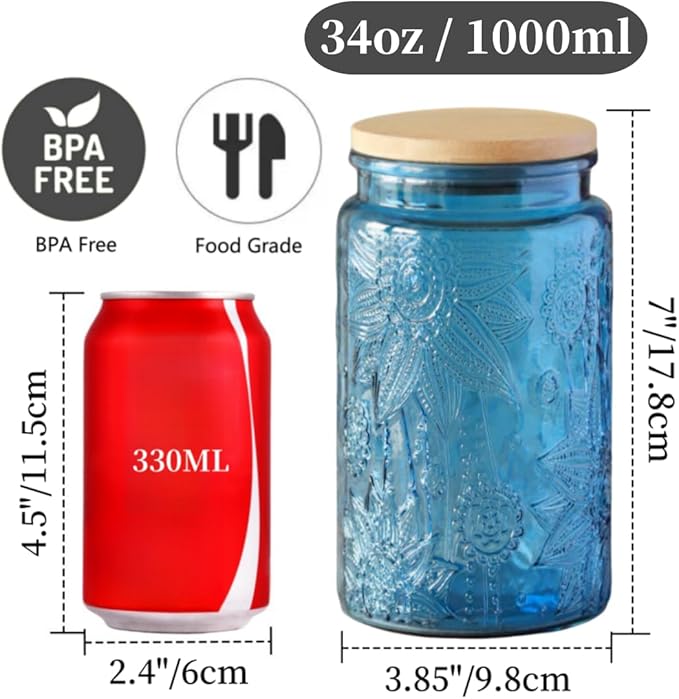 ANSQU Set of 2 Vintage Glass Jars, 34oz Candy Jars with Lids, Vintage Colored Mason Jar for Kitchen Decorative Jars for Coffee Tea Candy Cookies, Cute Jar (Blue & Green)