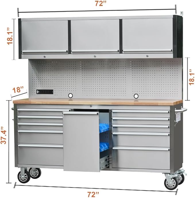 72 inch 11 Drawers Tool Chest with 3 Up Cabinet & Pegboard in Stainless Steel, Large Lockable Mobile Workbench with 6 Blue Storage Bins, Tool Box for Garage, Workshop (1 × HTC7214W1)
