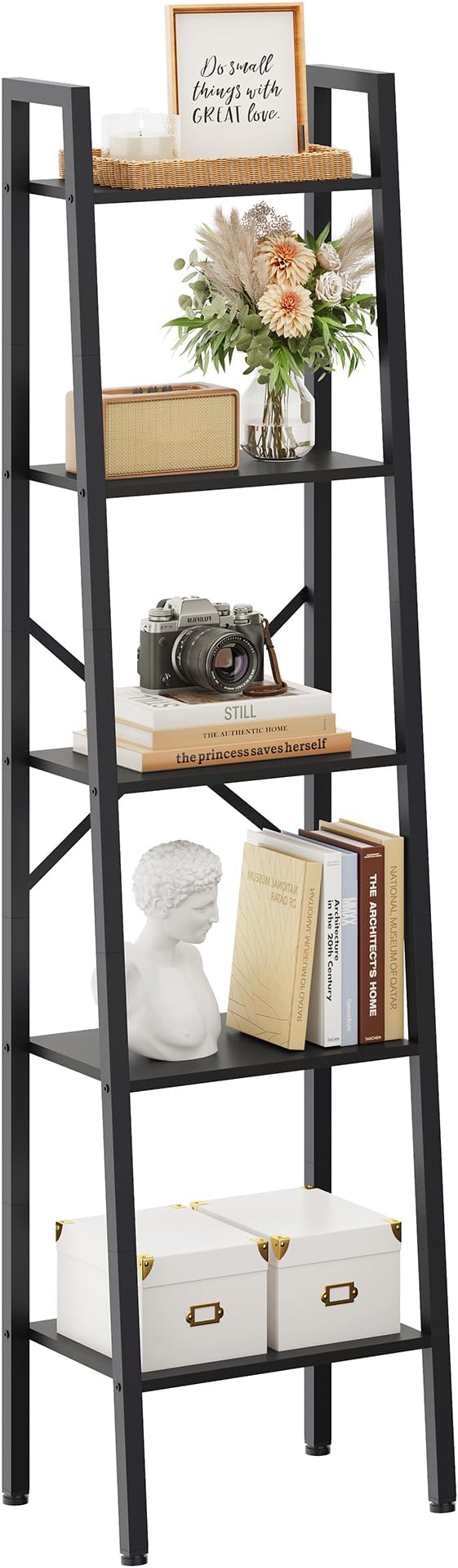 Hoctieon 5-Tier Industrial Ladder Bookshelf, Narrow Ladder Shelf, Tall Standing Bookshelf, Skinny Open Ladder Shelf, for Living Room, Home Office, Kitchen, Bedroom, Metal Frame, Black