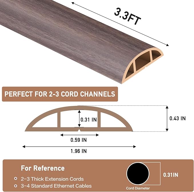 Floor Cord Cover Self Adhesive Cord Hider Floor Extension Cord Covers for Floor Power Cord Protector Cable Management Prevent Cable Trips Cable Cavity 0.51" W x 0.31" H (Brown Walnut Wood, 3.3Ft)