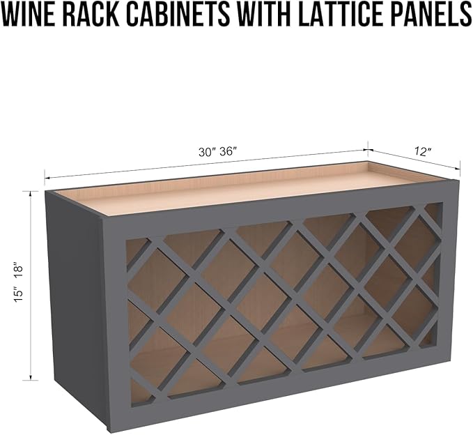 Solid Wood RTA Wine Bottle Rack Wall Cabinet with Lattice Panels Wine Holder Wine Storage Cabinet for Bar, Pantry, Wine Cellar Basement Countertop Mocha (Pebble Gray, 30”W × 12”D × 18”H)