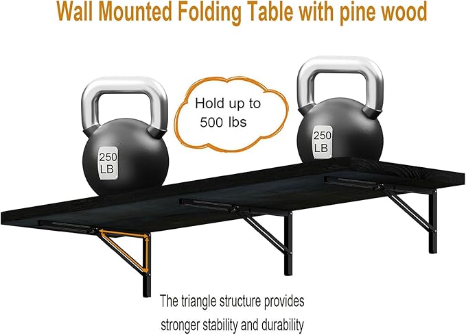 IAE Floating Wall Mounted Folding Table Desk with Pine Wood,48" x 22" Folding Workbench,Fold Down Wall Mounted Foldable Desk with Shelf Brackets,Laundry Table for Home,Dining,Office,Kitchen,Black