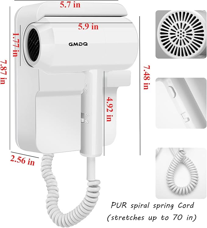 Hotel Wall Mounted Hair Dryer for Bathroom,Restroom Professional Blow Dryer,with Stand Rack,Specialised Motor for Salon,Fast Drying - Gifts【Massage Comb, Screws+ Adhesive】 110V