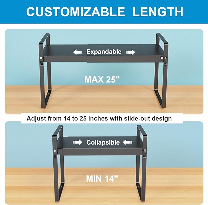 Expandable Cabinet Shelf Organizer 14-25 Inch Adjustable Length, 9" Wide 2-Tier (8" Bottom Layer) Metal Storage Rack for Kitchen Pantry, Under Sink Countertop - Heavy Duty Black(2 Pack)