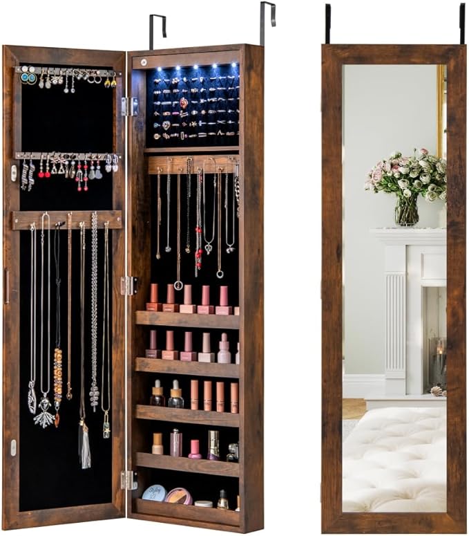 5 LEDs Mirrored Jewelry Cabinet Wall Mounted or Door Hanging, 42” Jewelry Box Armoire with Full Length Mirror, 2 Drawers & Shelves, Over the Door Jewelry organizers and Storage (Rustic Brown)