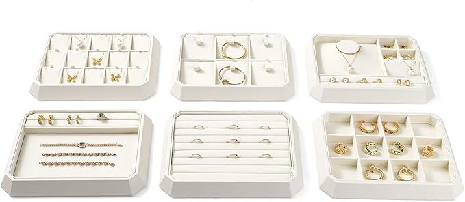 PU Leather Jewelry Display Tray Stackable Jewelry Tray Flat Organizer for Ring Necklace Trade showcase(Beige)