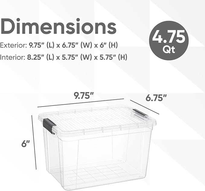 Superio Storage Bins with Lids- 6 Pack, 4.75 Qt Clear Boxes for Organizing, Stackable Plastic Containers- BPA Free, Non-Toxic, Odor Free, Organizer for Home, Office, Dorm