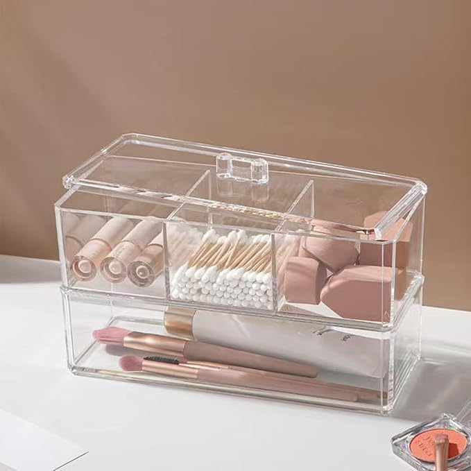 Hair Accessories Organizer for Girls - 2-Pack Clear Acrylic Stackable Drawers with Lids, Bathroom Vanity Storage for Clips, Scrunchies, Bobby Pins, Kids’ Bedroom & Dorm Organizer