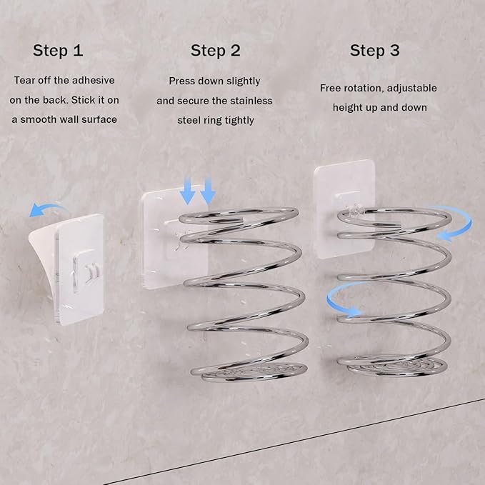 Wall-Mounted Spiral Hair Tool Holder, Adhesive Bathroom Organizer for Toothbrush and Makeup Brushes, Stainless Steel, 8 x 7 cm (1)