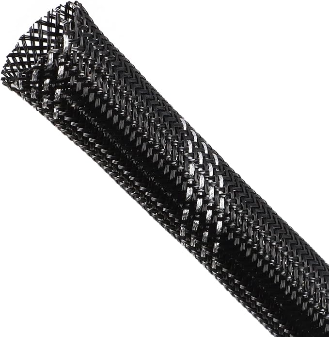 Braided Cable Sleeving, PET Expandable Braided Cable Sleeve, Flexible Mesh Sleeving Cord Management for Audio Video and Other Home Device, Cord Protector from Pets (Black Silver, 13/16" x 25ft)