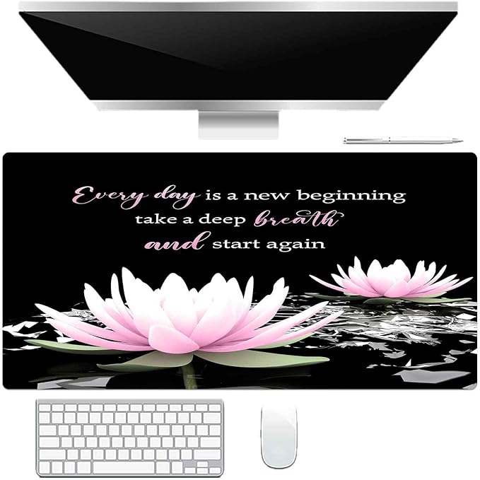 LB Pink Water Lily Flower Inspirational Large Mouse Pad with Motivational Quotes, Non-Slip Rubber Base Black White Aesthetic Desk Pad for Home, Office, Gaming Mouse Mat, 15.75" x 31.5"