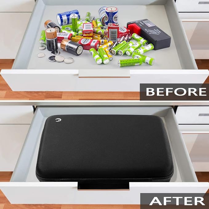 Comecase Battery Organizer Storage Box Case Holder for 48 x AA, 48 x AAA Total 96 Batteries with Battery Tester, Extra 2 Pockets for Other Accessories