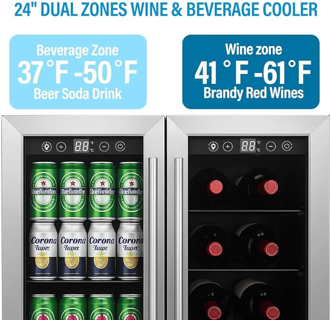 24 inch Beverage Refrigerator Cooler, 5.4 Cubic/176 Can Large Fridge Dual Zone with Glass Front Door, Beer or Wine, Under Counter Small Refrigerator with Adjustable Shelves and Digital Display