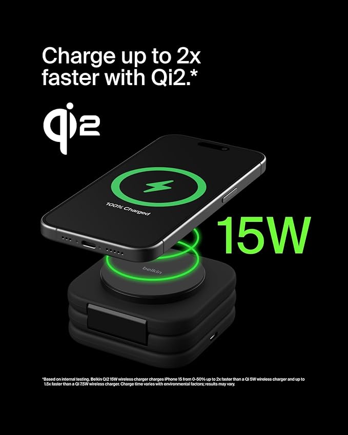 Belkin MagSafe Charger Compatible 3-in-1 Magnetic Charging Travel Pad 15W-BoostCharge Pro Foldable Qi2-Certified Wireless Charger, MagSafe-Compatible Charger for iPhone 16 Series, Apple Watch, AirPods