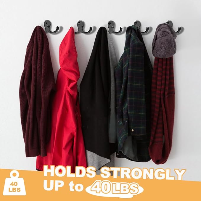 10 Pack Coat Hooks Wall Hooks for Hanging, Heavy Duty Double Prong Metal Hook Wall Mounted for Living Room, Bathroom, Kitchen, Bedroom for Coat, Bag, Scarf, Towel, Hat, Key, Cup (Black)