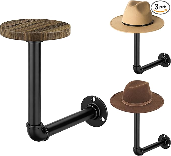 3PCS Cowboy Hat Rack Wall Mount, Wooden Western Rustic Metal Hanger, Wall Mounted Helmet Hanger for Multifunctional Display Hanger Stand for Cap Wig Hats, Fedora, Sun Hats