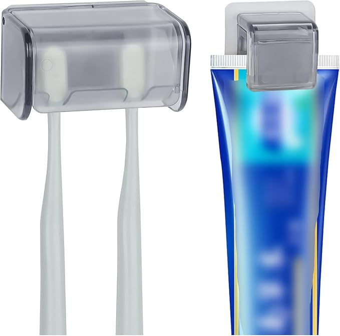 Wall-Mounted Toothbrush Holder with Cover, 2-Slot Organizer with Toothpaste Clip for Bathroom, Shower (Clear Combination 1)