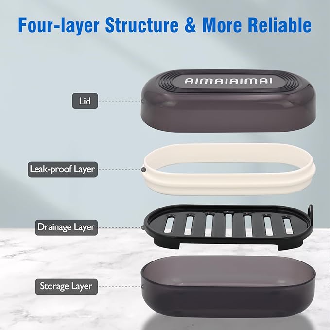 Travel Soap Container, Leakproof Soap Box, Travel Soap Holder with Removable Draining Layer, Portable Soap Case for Traveling, Camping, Gym (Black)