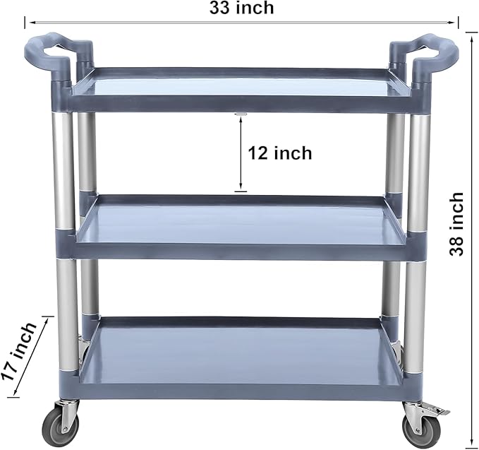 3-Tier Plastic Service Utility Cart with Wheels, Heavy Duty 3-Shelf Rolling Utility/Push Cart for Foodservice/Commercial/Restaurant/Office/Kitchen/Hotel, Grey
