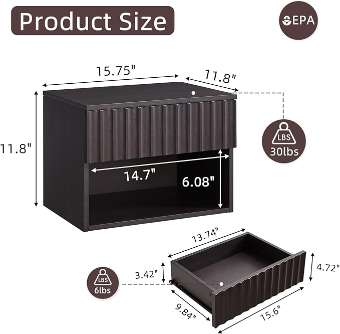 Floating Nightstand with Fluted Drawer - Modern Wall Mounted Bedside Table with Open Storage Shelf, Small Night Stand TV Stand for Bedroom(Espresso, Set of 2)