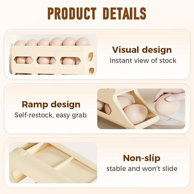 4-Tier Refrigerator Egg Holder, Automatic Gravity-Fed Rolling Egg Dispenser with Easy-Load Design, Space-Saving Fridge Organizer for Up to 30 Eggs, Kitchen & Pantry Storage Container (White) (beige)