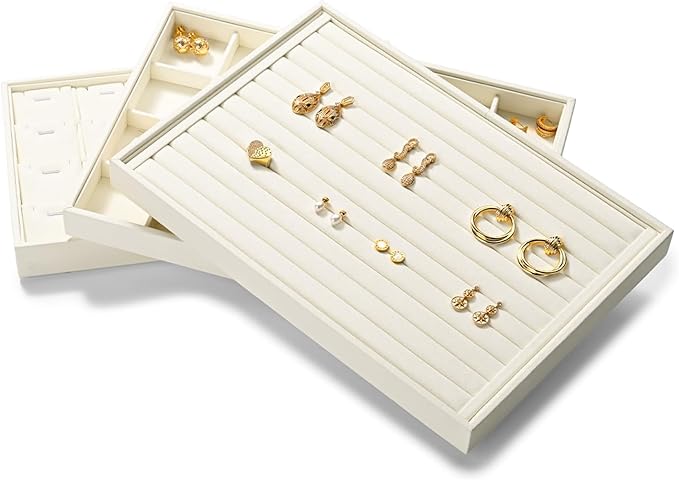 Microfiber Jewelry Display Tray, Stackable Jewelry Drawer Organizer Trays, Ring Necklace Watch Perfume Organizer Display Tray (Beige)