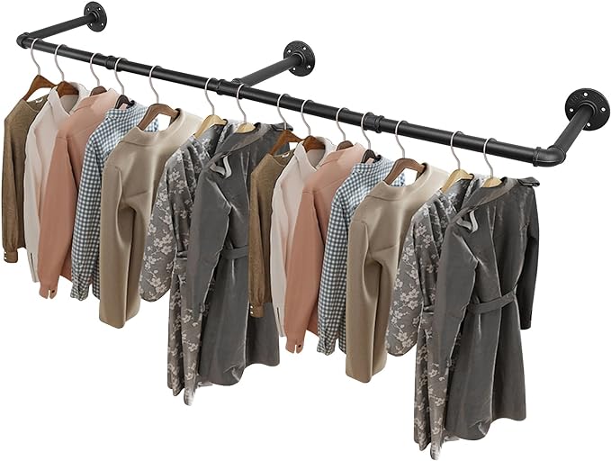 Livabber Industrial Pipe Clothes Rack, Heavy Duty Detachable Iron Garment Rack Wall Mounted, Rustic Saving Space Clothes Bar Multi-Purpose Hanging Rod for Bedroom, Closet, Black (50 Inch)