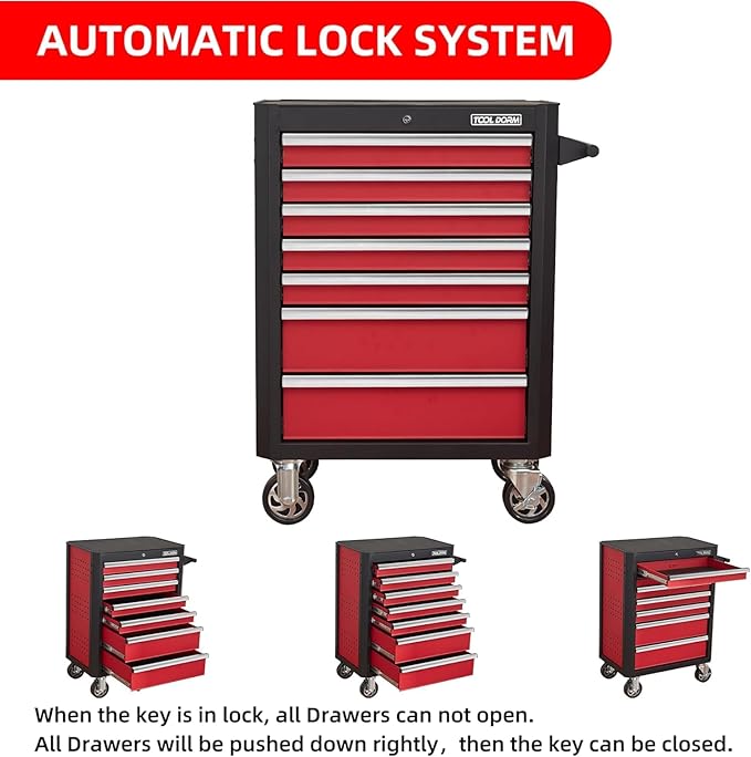 7-Drawer Rolling Tool Chest with Locking Wheels & Drawers, 18.5" D x 27.9" W x 39.5" H Mobile Tool Storage Cabinet, Heavy-Duty Garage Organizer w/Ergonomic Handle