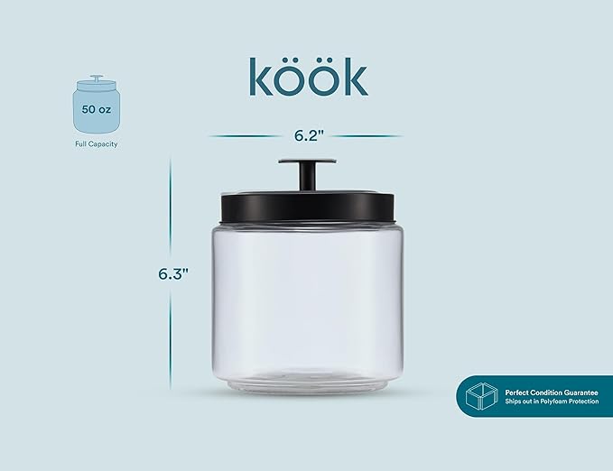 KooK Glass Kitchen Canister Set, Food & Storage Containers for Pantry, Bathroom Apothecary Jars, Tinplate tight Lids, Counter Organizers, 50 oz, Black, Set of 2