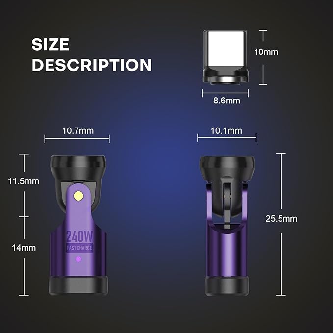Magnetic USB C 90 Degree Adapter 240W, Can Be Type-C Cord Into Right Angle Magnetic USB C Charging Cable, Magnet Charger USBC Adapter 180&360 OTG Tips for Phone 17/16 Tablet(1 Pack Purple)
