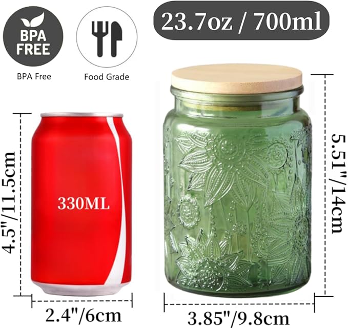Green Glass Canister, Candy Jar with Lid, 23.7 FL OZ Vintage Colored Mason Jars for Kitchen Decorative Jar for Coffee Tea Candy Cookies, Cute Jars (Green, 1 Pack)