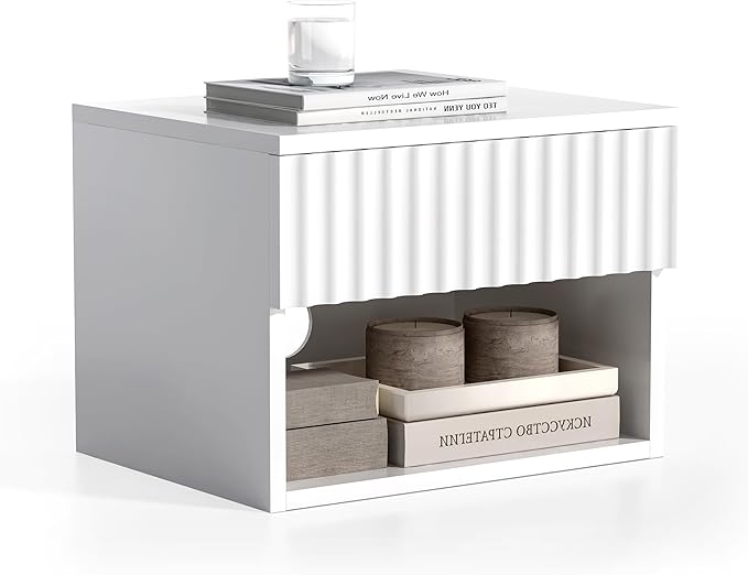 Floating Nightstands Set of 3 with Drawer and Open Shelf, Small Wall Mounted Bedside End Table, Modern Fluted Night Stand for Bedroom, Living Room, White