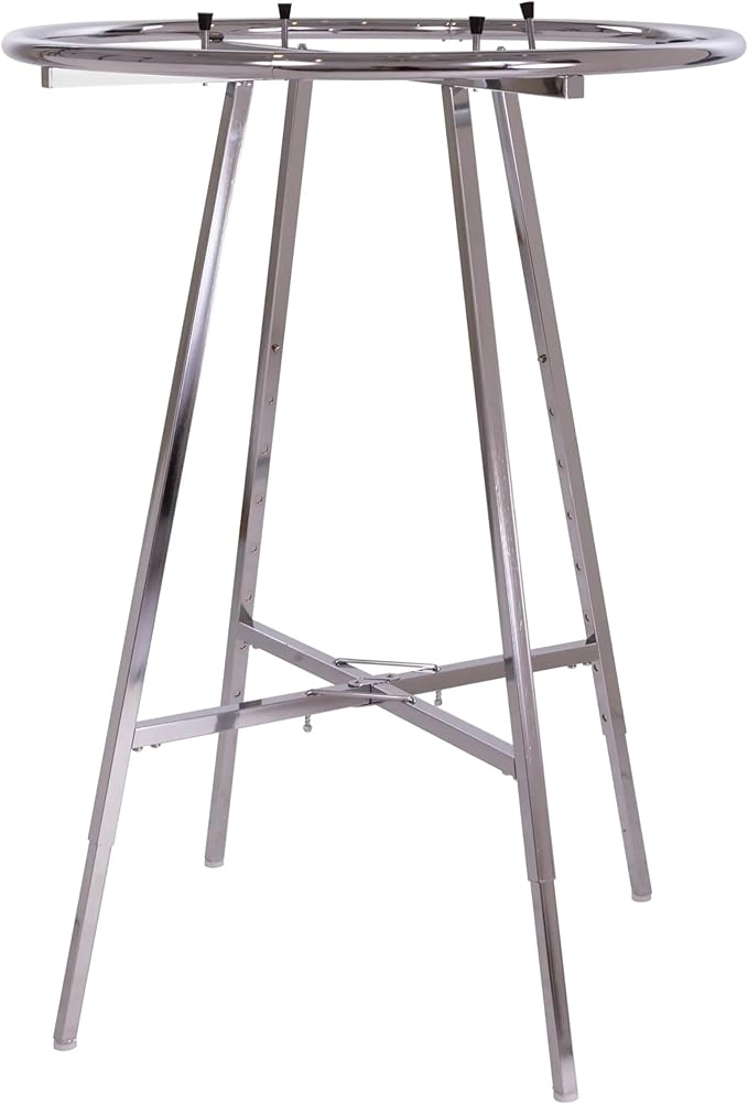 Econoco Folding Round Garment Rack, Adjustable Height Retail Display, Chrome Finish (36" Rack with Grid Top Basket)