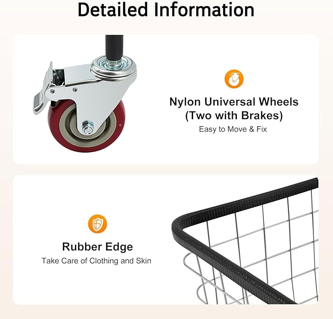 Steel Wire Laundry Cart, Wire Laundry Basket Cart with 4" Casters, Heavy Duty Commercial Rolling Laundry Basket for Clothes Storage, 26.77"D x 21.5"W x 26"H